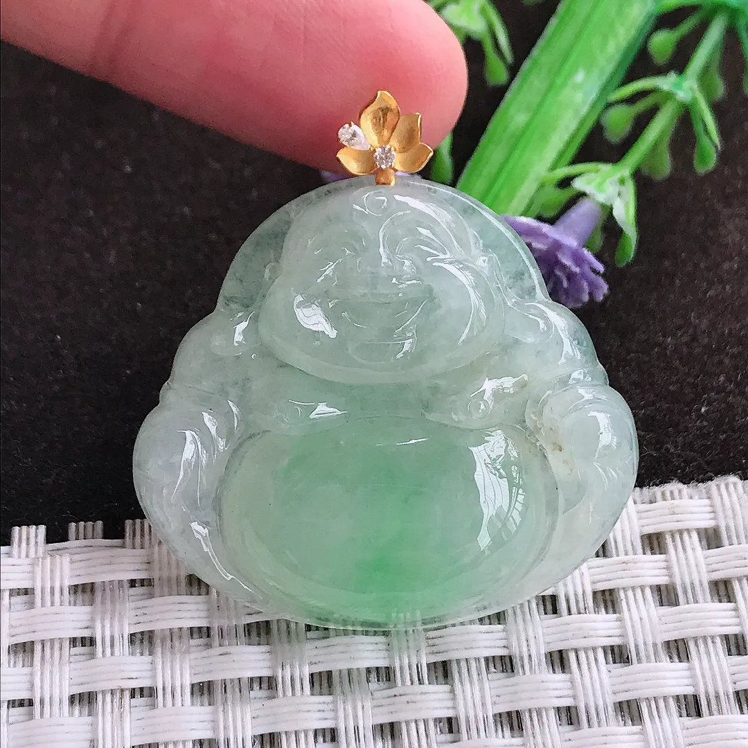 天然a货翡翠32.3/35.5/6.9老坑18k金镶嵌冰润冰晴绿佛公吊坠天然翡翠玉坠挂件