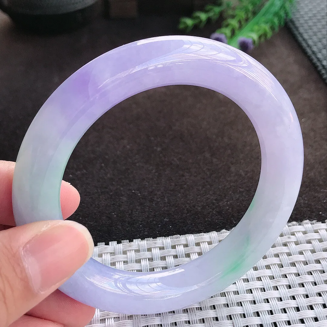 天然a货翡翠58/11.7/11.5老坑精美冰润浓艳紫罗兰春带彩圆条手镯翡翠玉手镯