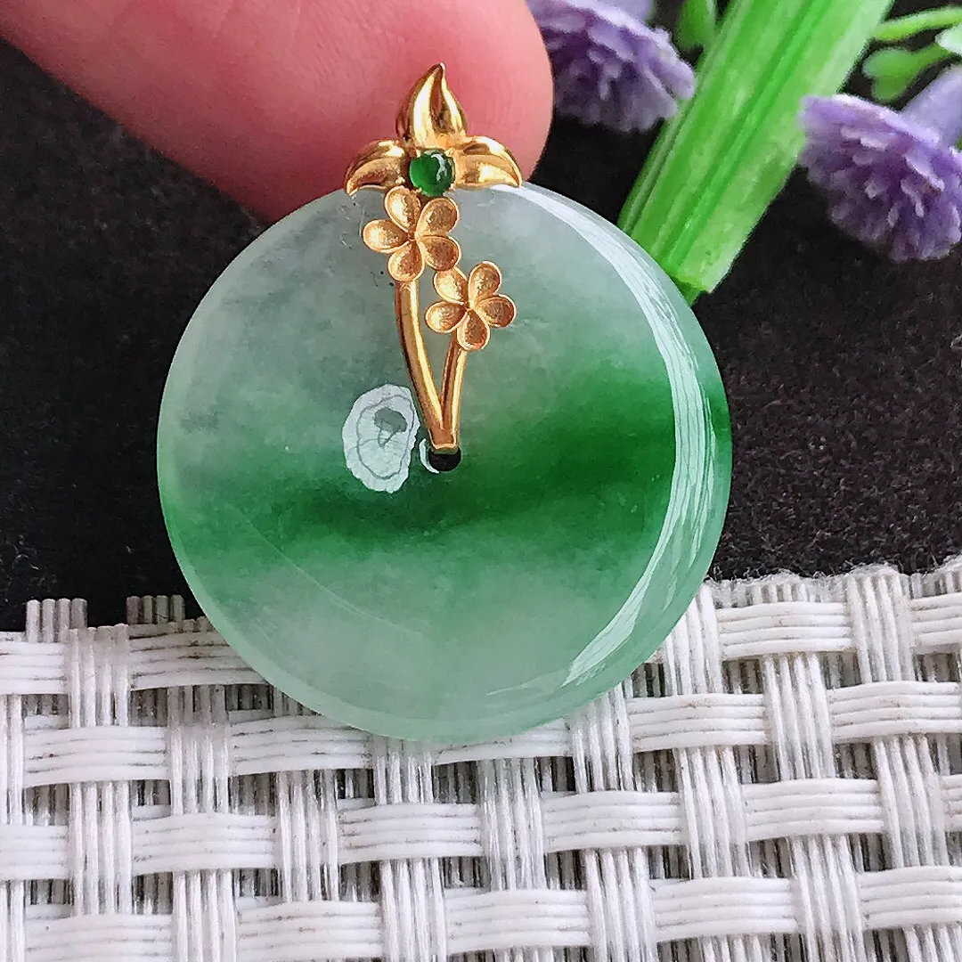 天然a货翡翠23.7/3.6老坑18k金镶嵌冰胶飘阳绿平安扣吊坠天然翡翠玉扣挂件