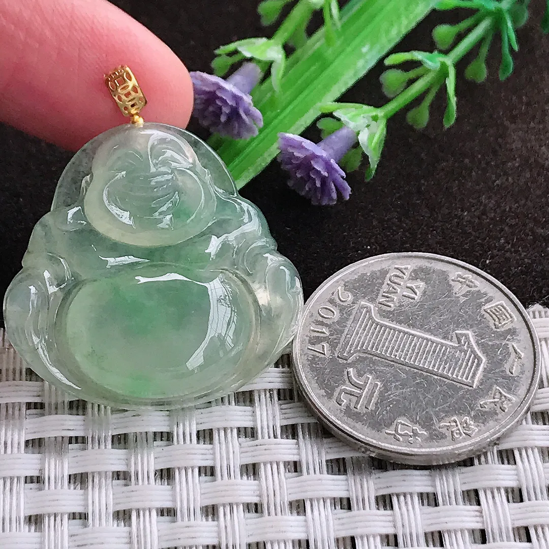 天然a货翡翠28.6/29.5/6老坑18k金镶嵌冰种甜绿佛公吊坠天然翡翠玉坠挂件