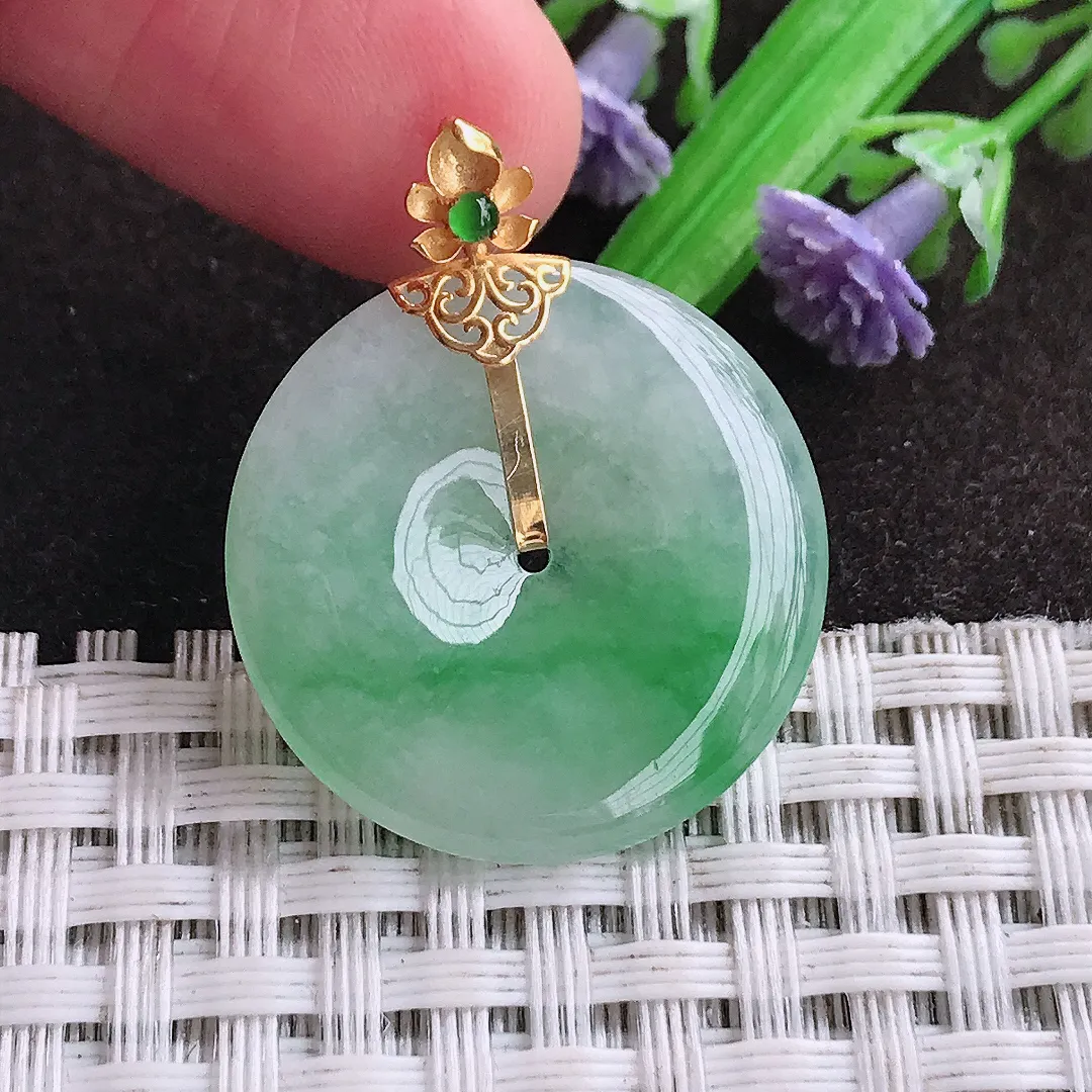 天然a货翡翠24.5/3.8老坑18k金镶嵌冰润飘阳绿平安扣吊坠天然翡翠玉坠挂件