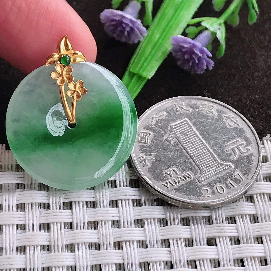 天然a货翡翠23.7/3.6老坑18k金镶嵌冰胶飘阳绿平安扣吊坠天然翡翠玉扣挂件