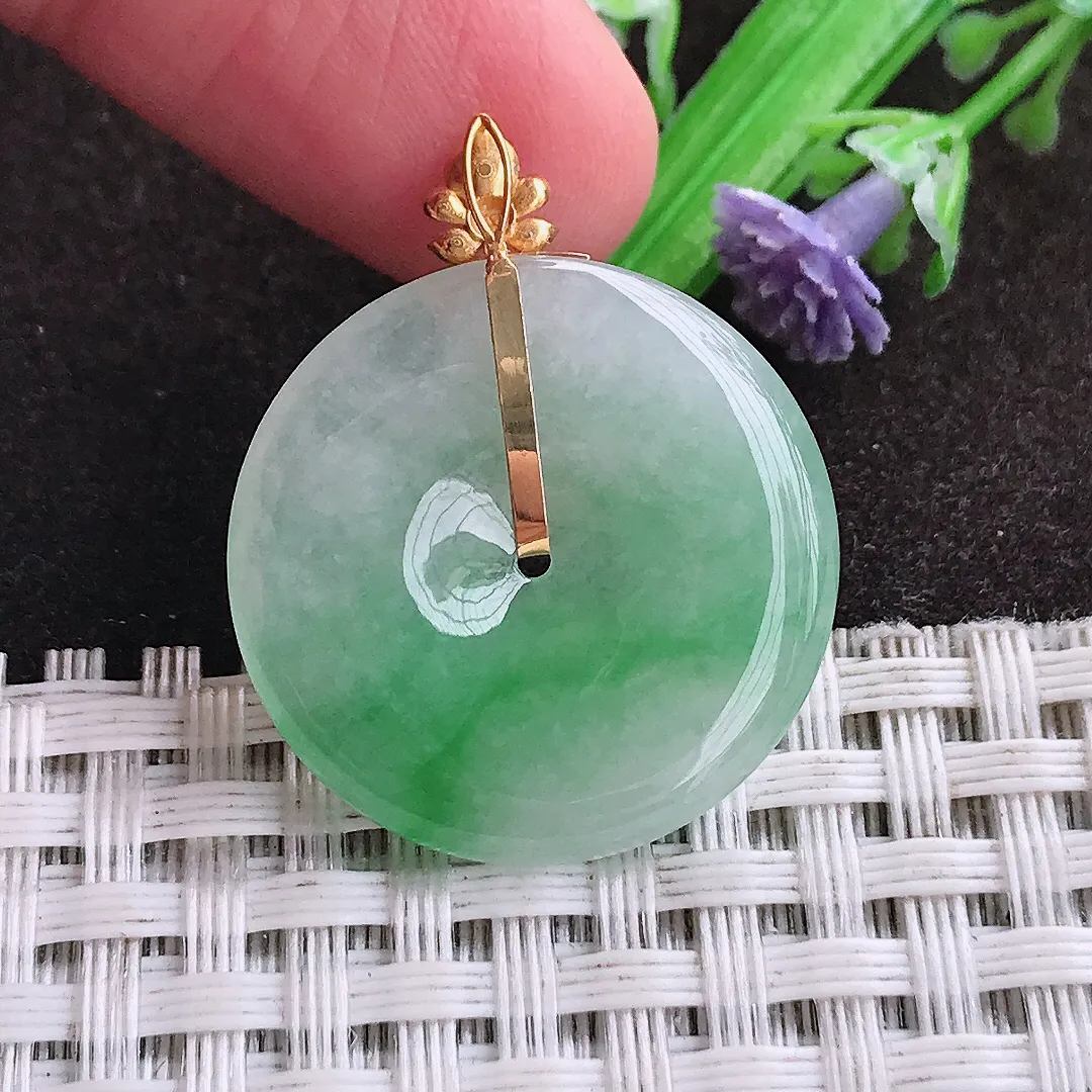 天然a货翡翠24.5/3.8老坑18k金镶嵌冰润飘阳绿平安扣吊坠天然翡翠玉坠挂件