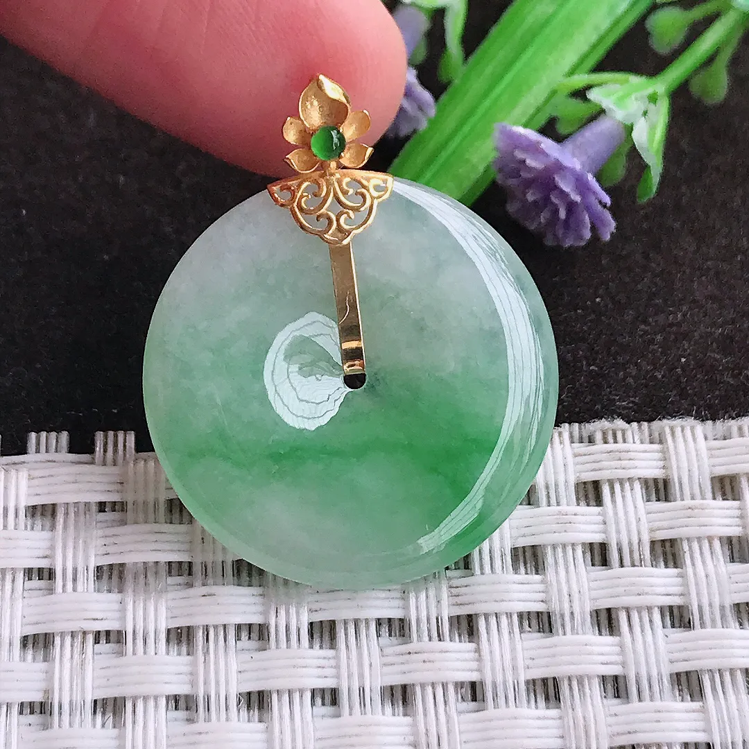 天然a货翡翠24.5/3.8老坑18k金镶嵌冰润飘阳绿平安扣吊坠天然翡翠玉坠挂件