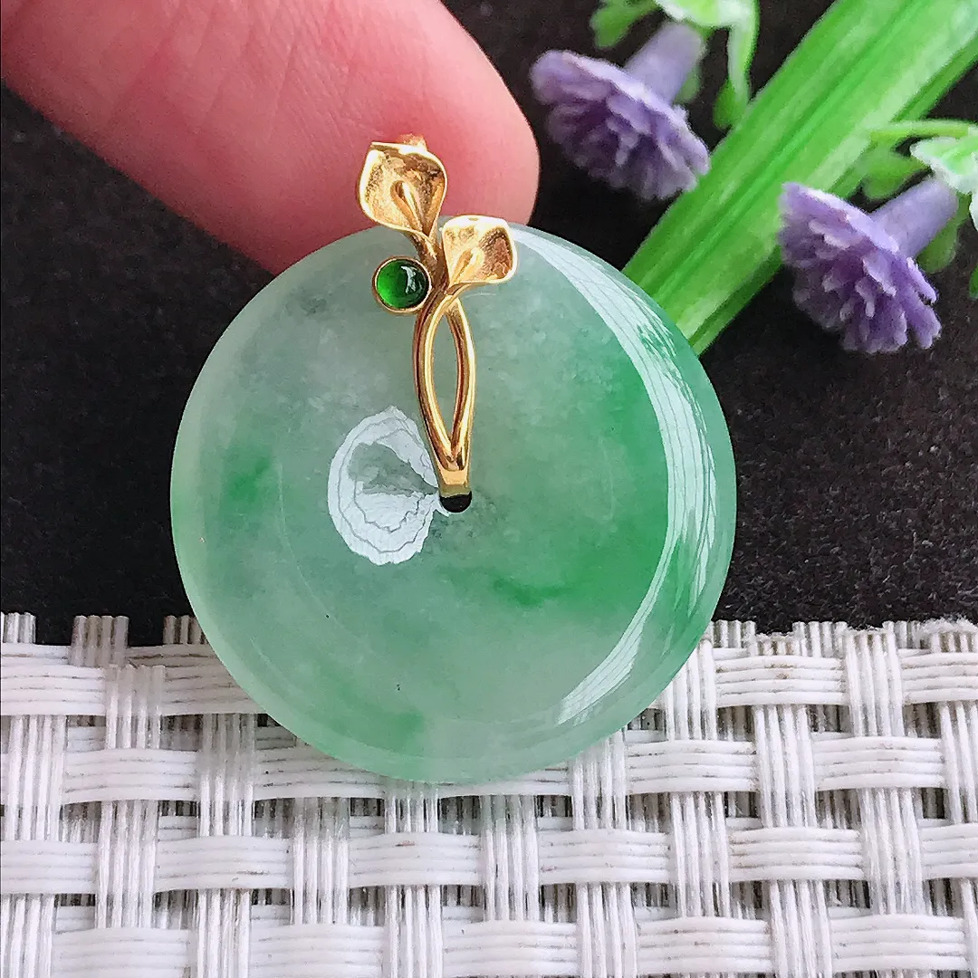 天然a货翡翠24.7/4.2老坑18k金镶嵌冰胶飘阳绿平安扣吊坠天然翡翠玉坠挂件
