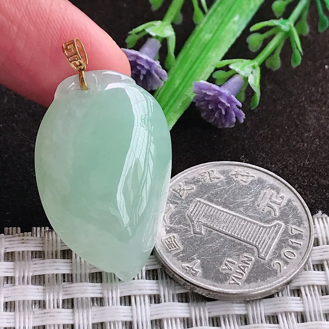 天然a货翡翠31/19.8/9.8老坑18k金镶嵌冰胶水灵冰晴绿桃子吊坠天然翡翠寿桃挂件