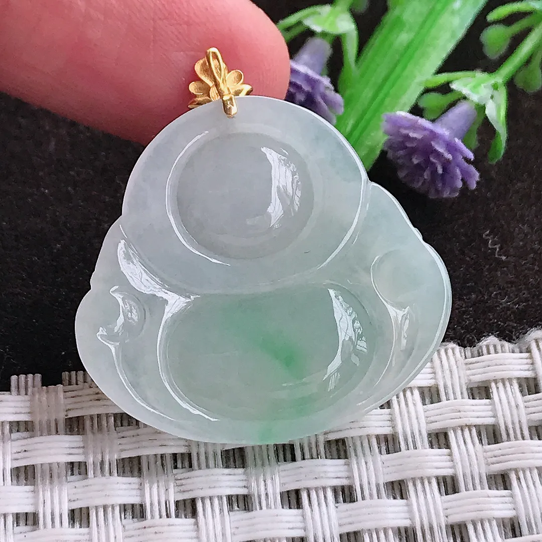 天然a货翡翠27.2/29.8/5.5老坑18k金镶嵌冰润飘花佛公吊坠天然翡翠玉佛挂件