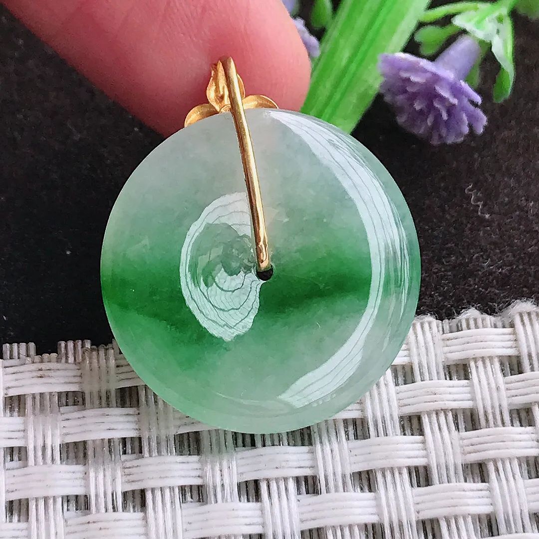 天然a货翡翠23.7/3.6老坑18k金镶嵌冰胶飘阳绿平安扣吊坠天然翡翠玉扣挂件