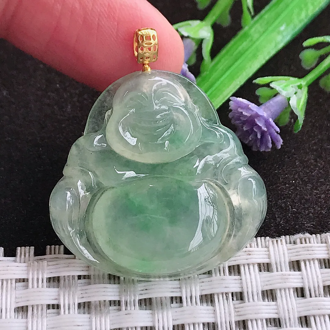 天然a货翡翠28.6/29.5/6老坑18k金镶嵌冰种甜绿佛公吊坠天然翡翠玉坠挂件