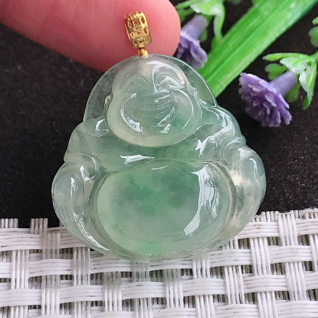 天然a货翡翠28.6/29.5/6老坑18k金镶嵌冰种甜绿佛公吊坠天然翡翠玉坠挂件