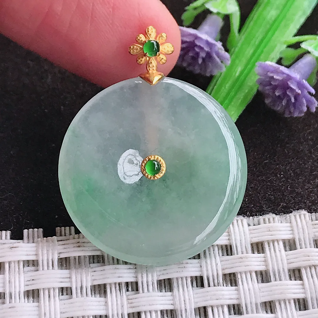 天然a货翡翠24/3.7老坑18k金镶嵌冰透起胶冰晴绿平安扣吊坠天然翡翠玉坠挂件