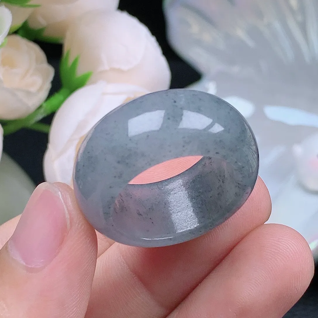 缅甸老坑冰种翡翠水润起胶冰乌鸡宽边轮胎戒指玉指环  水润通透 尺寸：20.1-12.4-5.1mm 23号圈口6S