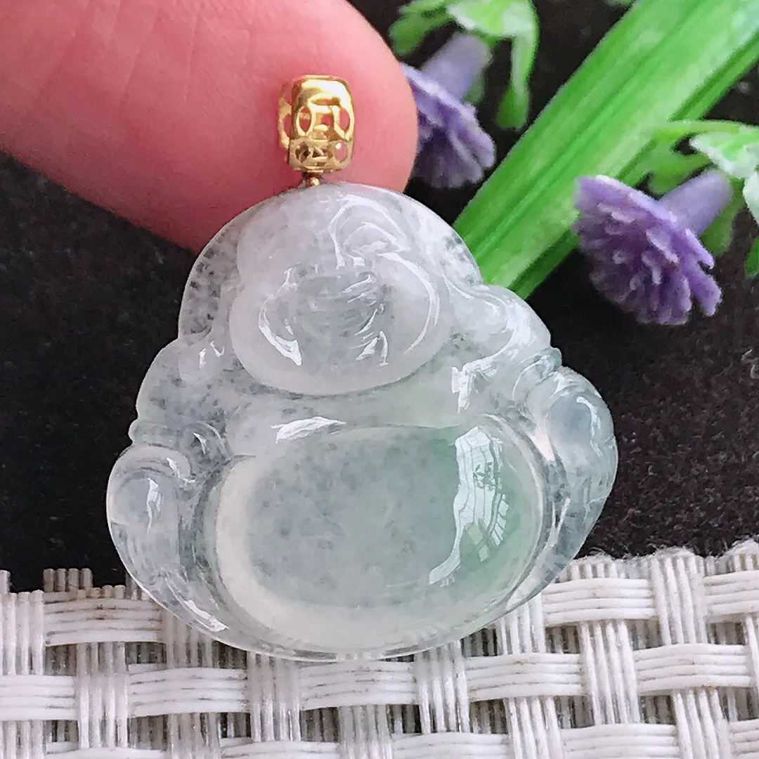 天然a货翡翠23.5/25.2/5.6老坑18k金镶嵌冰种佛公吊坠天然翡翠玉佛挂件