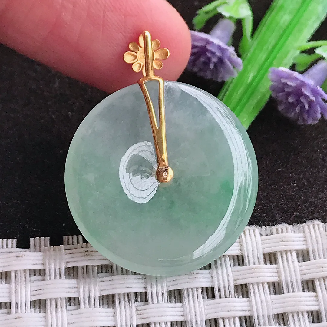 天然a货翡翠24/3.7老坑18k金镶嵌冰透起胶冰晴绿平安扣吊坠天然翡翠玉坠挂件