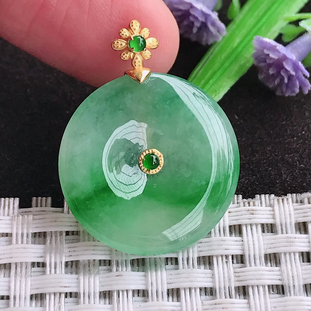 天然a货翡翠22.6/3.7老坑18k金镶嵌冰胶辣阳绿平安扣吊坠天然翡翠玉扣挂件