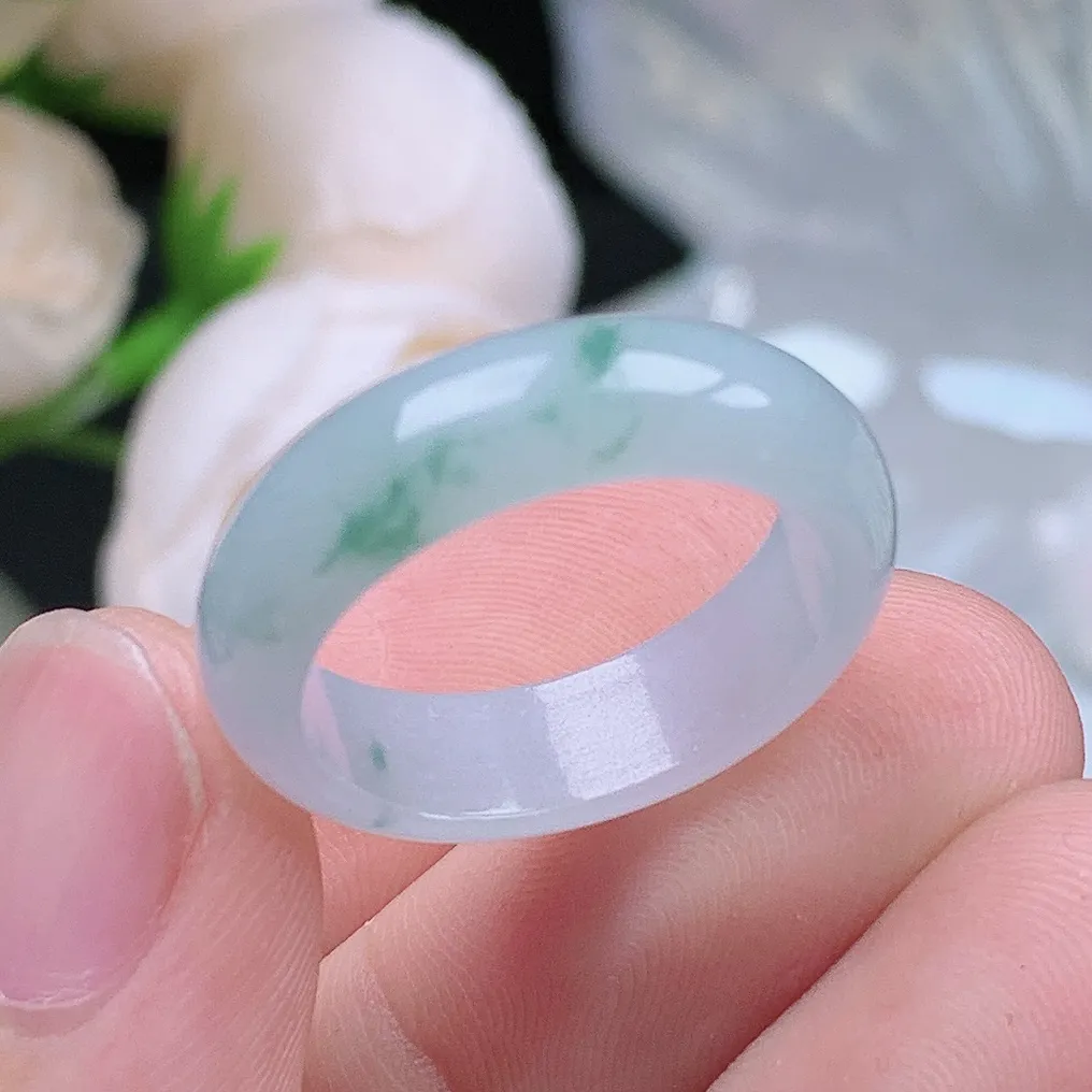 缅甸老坑种翡翠水润飘花戒指玉指环  水润通透 尺寸：18.1-5.8-3mm 17号圈口6S