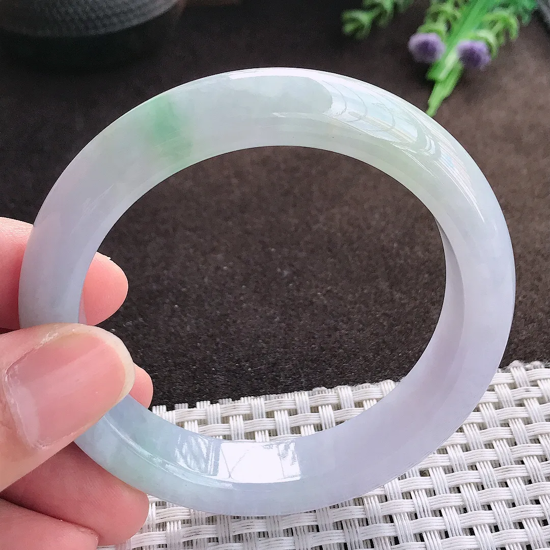 天然a货翡翠56.5/12.3/9老坑秀气冰润紫罗兰手镯宽边翡翠玉手镯