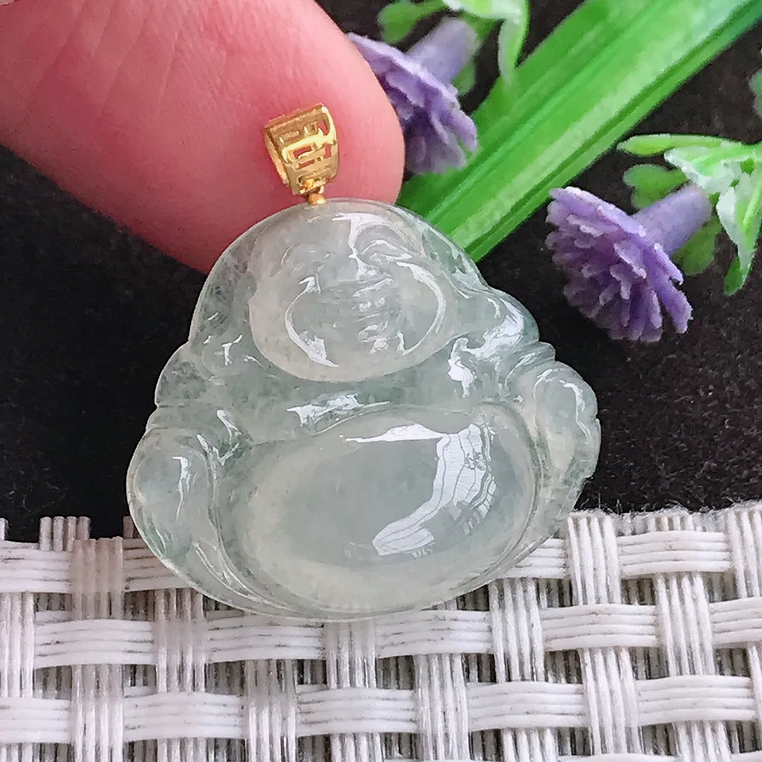 天然a货翡翠20.8/24/5.7老坑18k金镶嵌冰透起胶佛公吊坠天然翡翠玉佛挂件