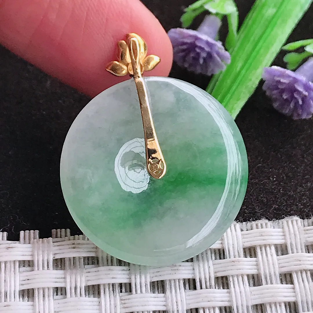 天然a货翡翠24.4/3.8老坑18k金镶嵌冰润飘绿平安扣吊坠天然翡翠玉坠挂件