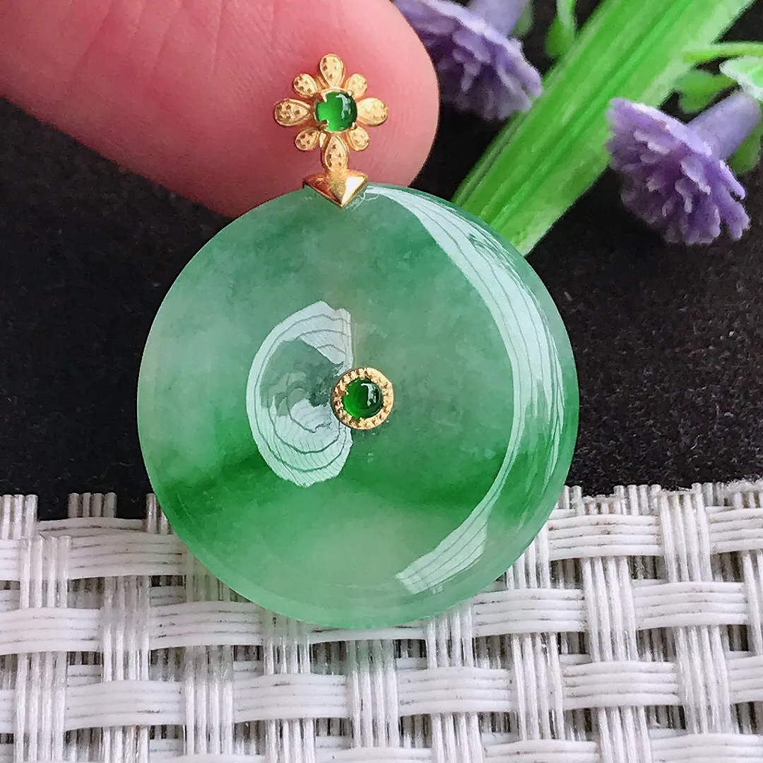 天然a货翡翠22.6/3.7老坑18k金镶嵌冰胶辣阳绿平安扣吊坠天然翡翠玉扣挂件