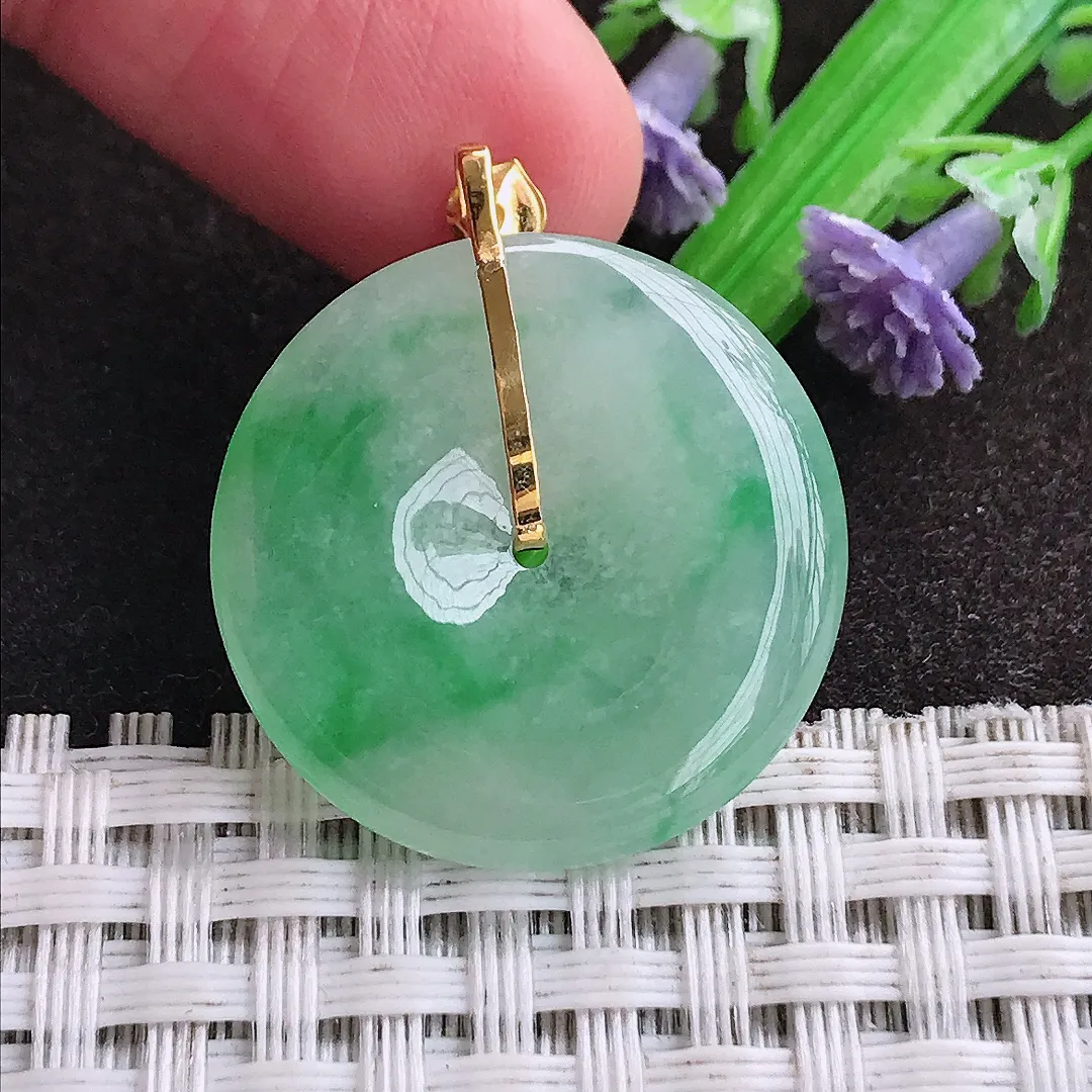 天然a货翡翠24.7/4.2老坑18k金镶嵌冰胶飘阳绿平安扣吊坠天然翡翠玉坠挂件