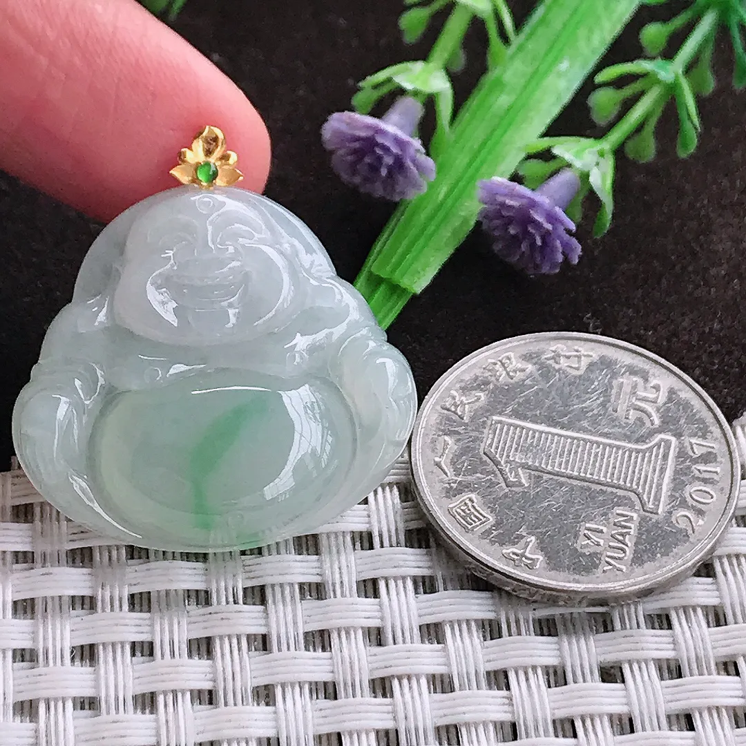 天然a货翡翠27.2/29.8/5.5老坑18k金镶嵌冰润飘花佛公吊坠天然翡翠玉佛挂件