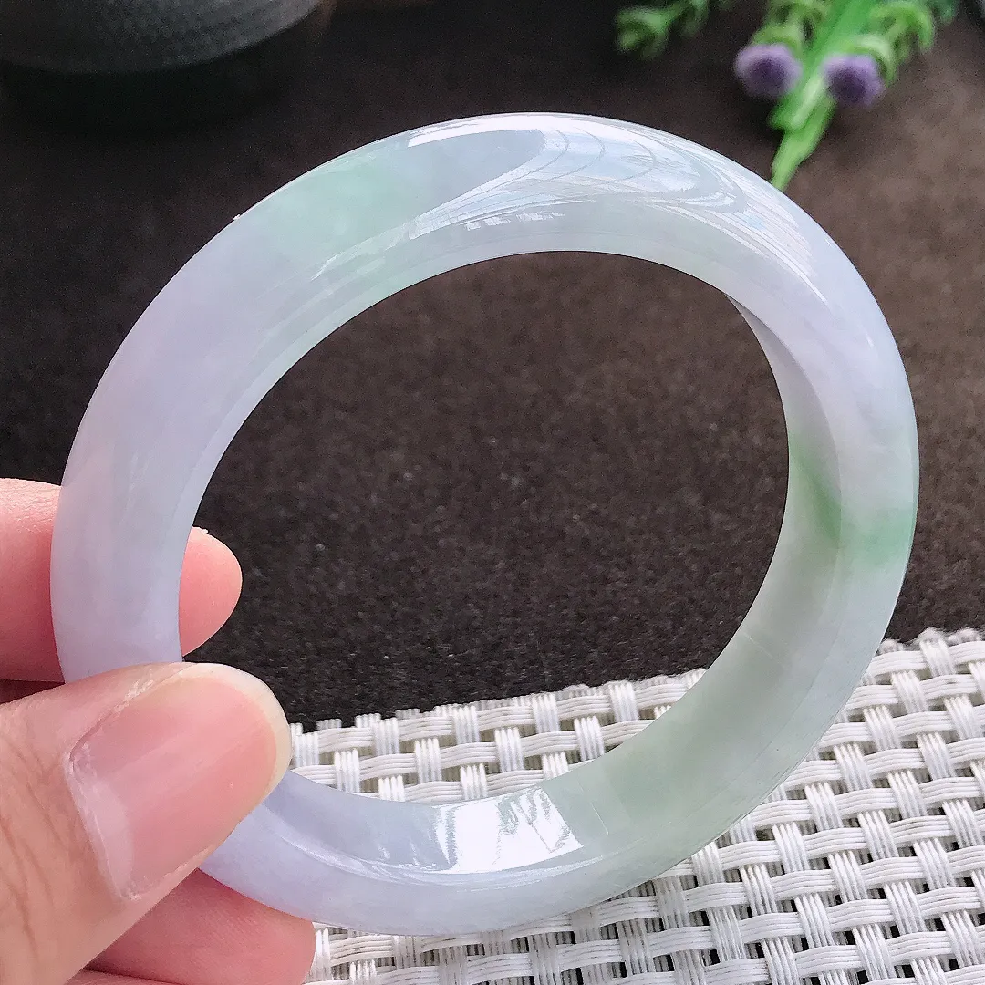 天然a货翡翠56.5/12.3/9老坑秀气冰润紫罗兰手镯宽边翡翠玉手镯