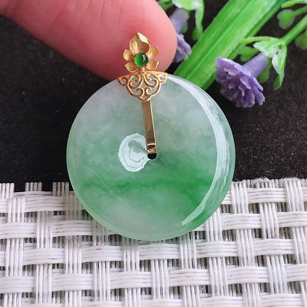 天然a货翡翠24.5/3.8老坑18k金镶嵌冰润飘阳绿平安扣吊坠天然翡翠玉坠挂件