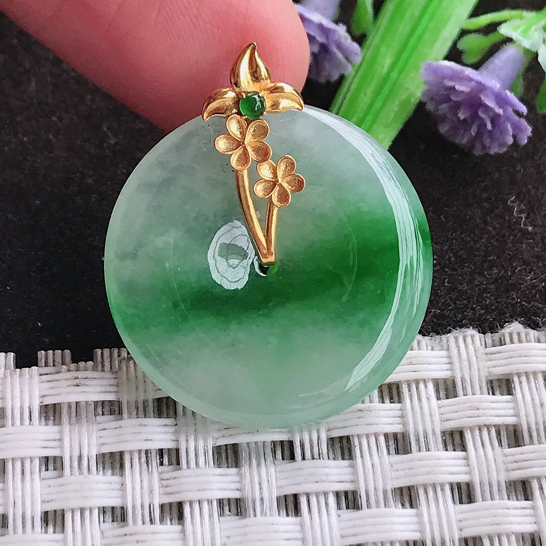 天然a货翡翠23.7/3.6老坑18k金镶嵌冰胶飘阳绿平安扣吊坠天然翡翠玉扣挂件