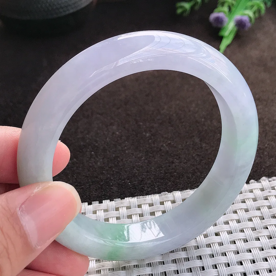 天然a货翡翠56.5/12.3/9老坑秀气冰润紫罗兰手镯宽边翡翠玉手镯