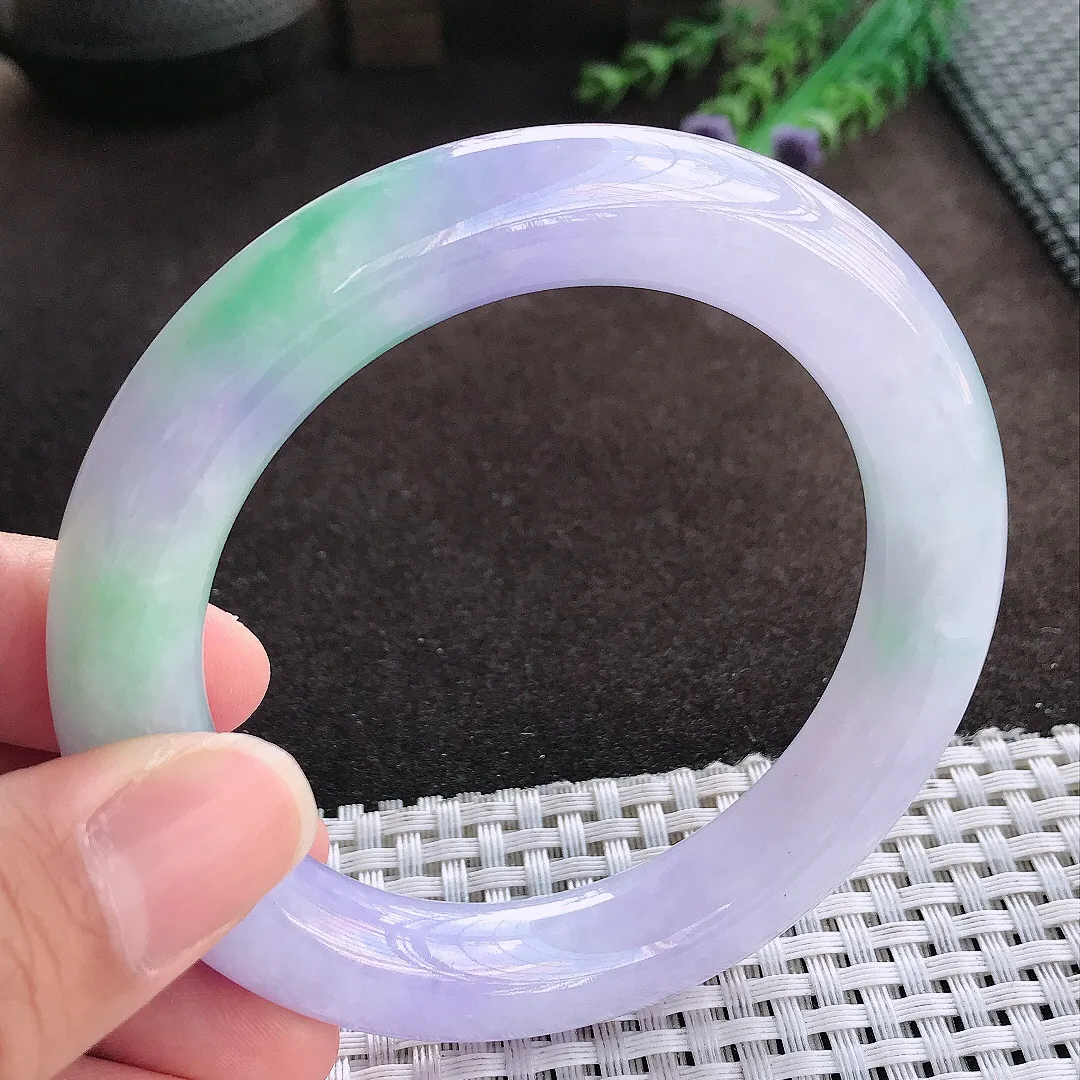 天然a货翡翠58/11.7/11.5老坑精美冰润浓艳紫罗兰春带彩圆条手镯翡翠玉手镯