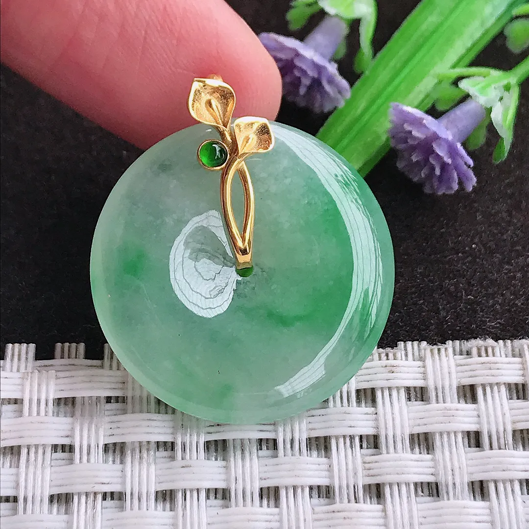 天然a货翡翠24.7/4.2老坑18k金镶嵌冰胶飘阳绿平安扣吊坠天然翡翠玉坠挂件