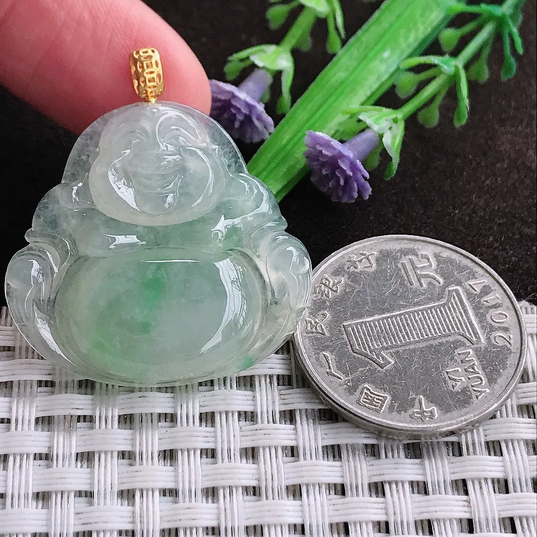 天然a货翡翠30/31.8/5.7老坑18k金镶嵌冰胶水灵飘绿佛公吊坠天然翡翠玉坠挂件