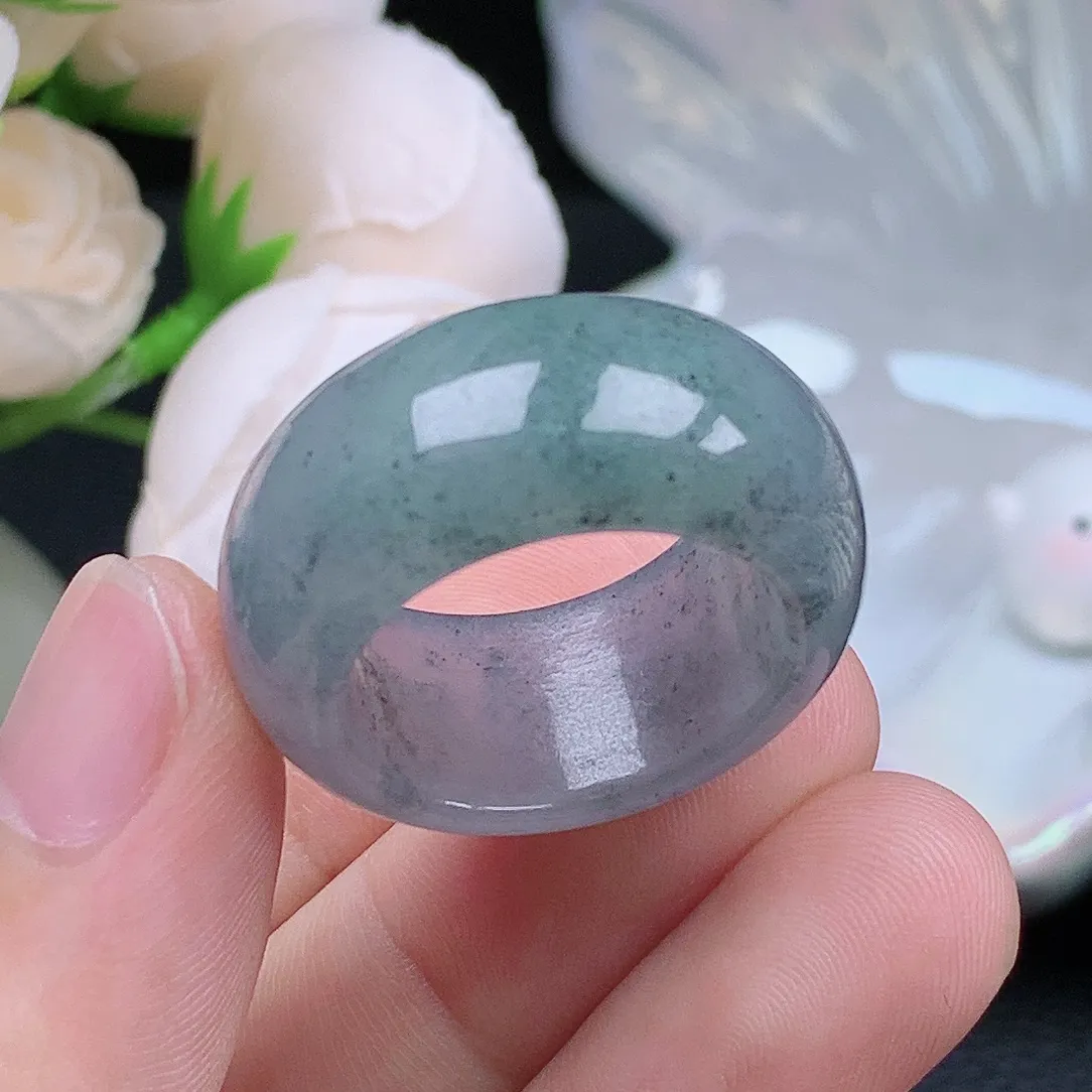 缅甸老坑冰种翡翠水润起胶冰乌鸡宽边轮胎戒指玉指环  水润通透 尺寸：20.1-12.4-5.1mm 23号圈口6S