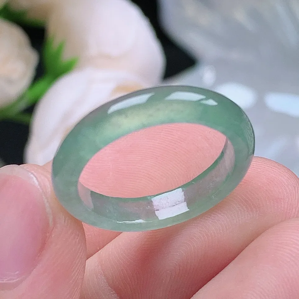 缅甸老坑冰种翡翠水润起胶晴水戒指玉指环  水润通透 尺寸：18.2-4.5-3mm 17-18号圈口6S