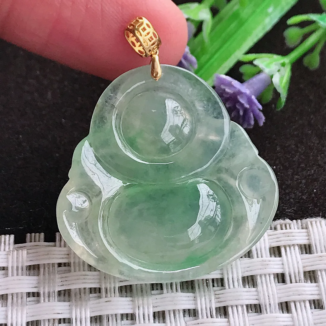 天然a货翡翠28.6/29.5/6老坑18k金镶嵌冰种甜绿佛公吊坠天然翡翠玉坠挂件