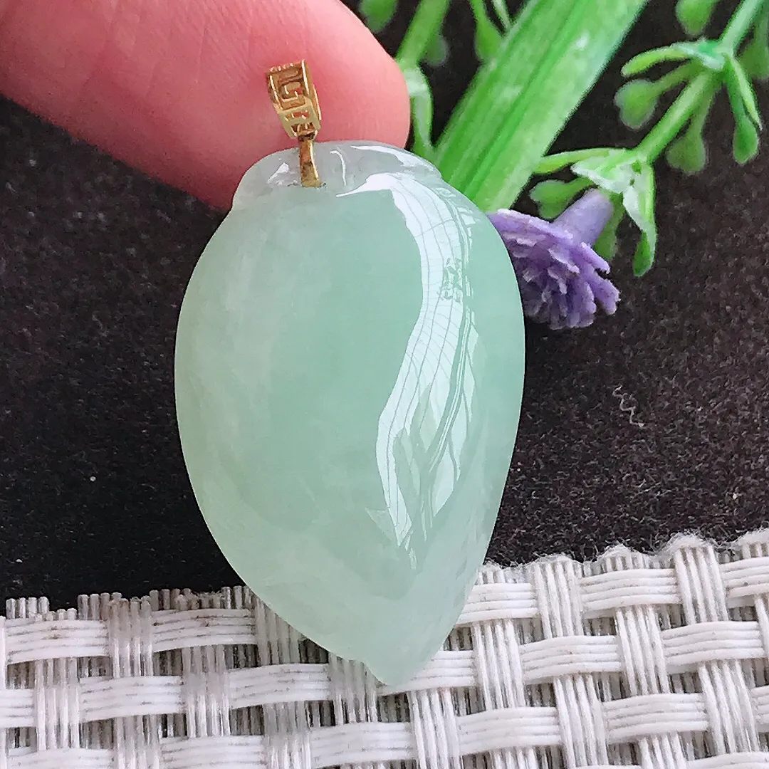 天然a货翡翠31/19.8/9.8老坑18k金镶嵌冰胶水灵冰晴绿桃子吊坠天然翡翠寿桃挂件