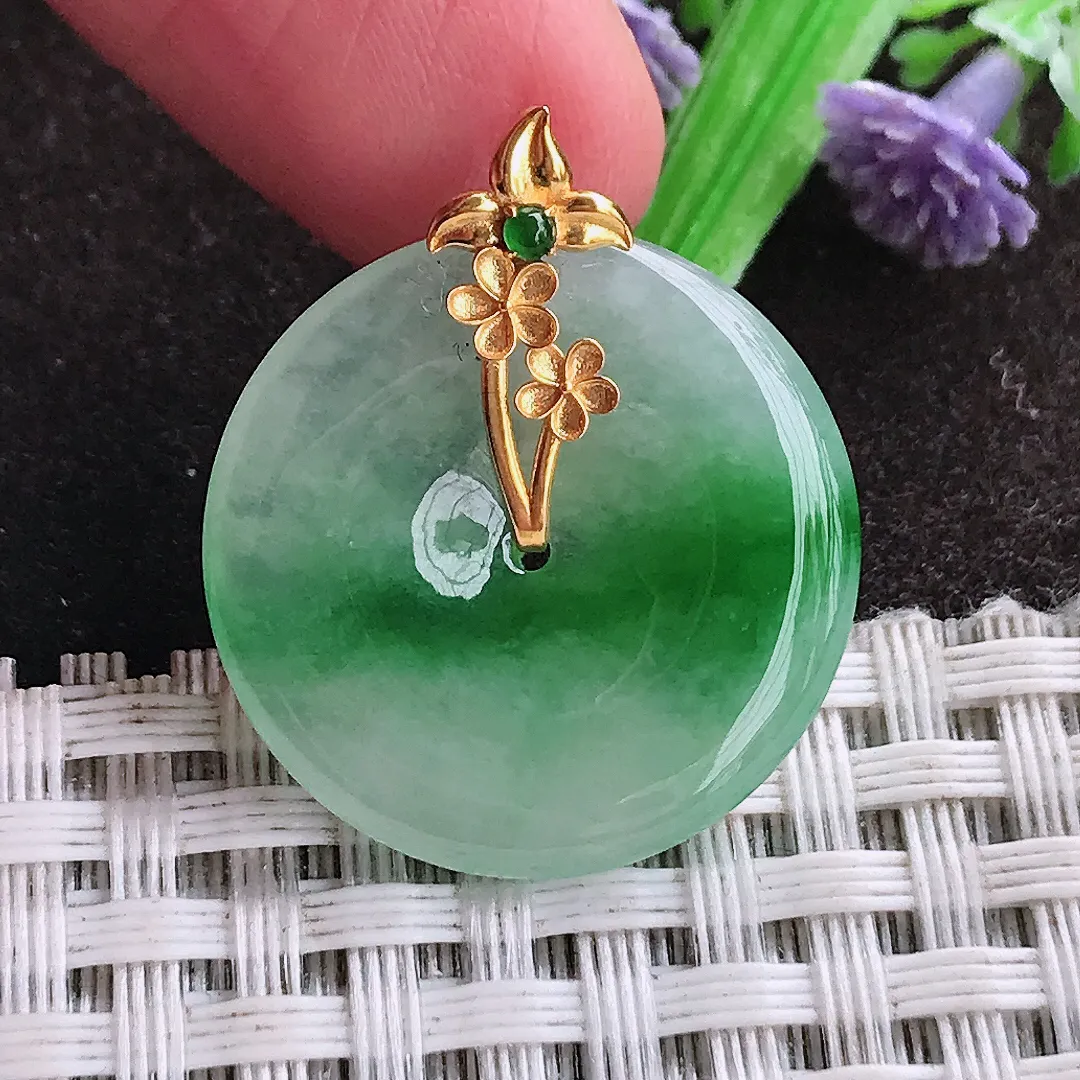 天然a货翡翠23.7/3.6老坑18k金镶嵌冰胶飘阳绿平安扣吊坠天然翡翠玉扣挂件