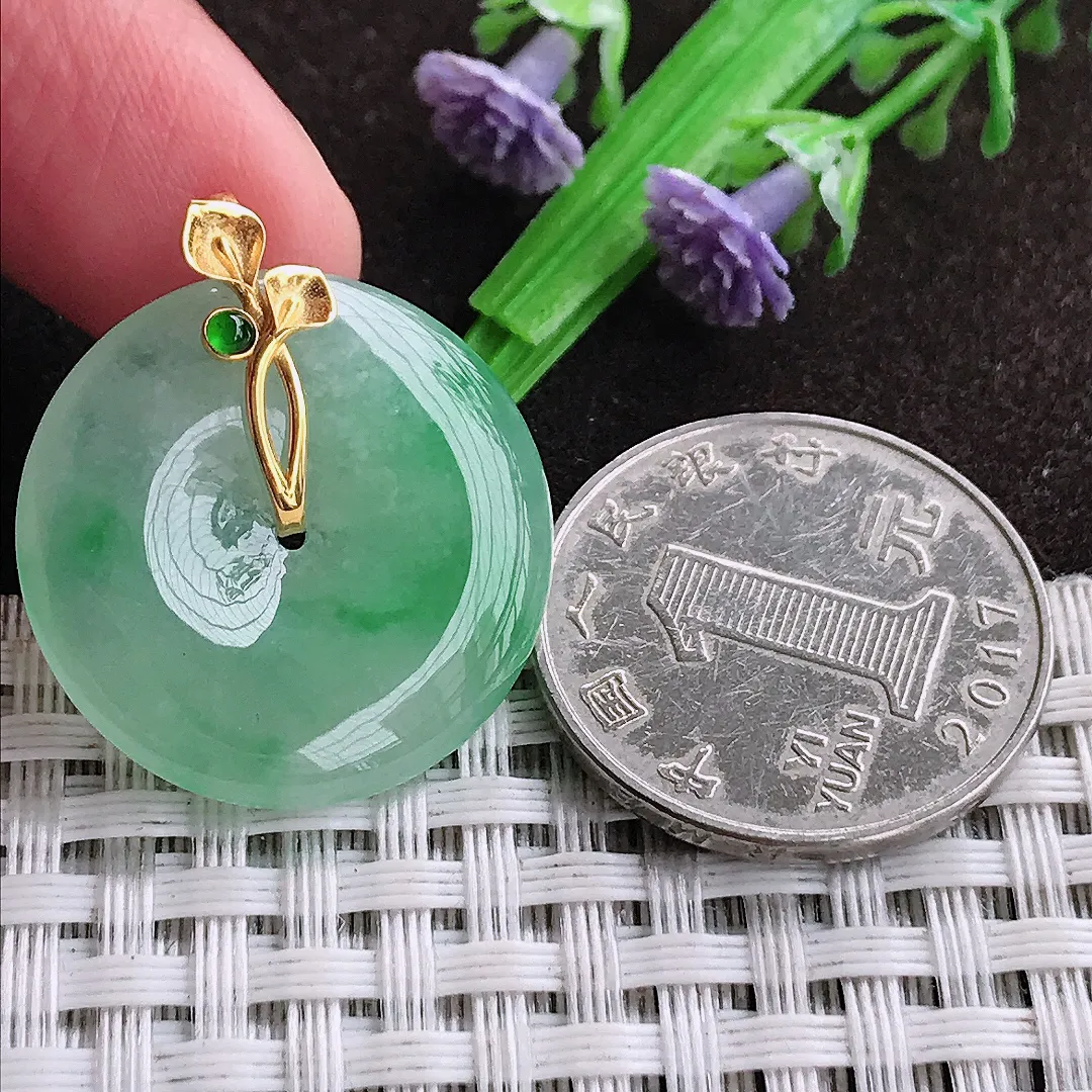 天然a货翡翠24.7/4.2老坑18k金镶嵌冰胶飘阳绿平安扣吊坠天然翡翠玉坠挂件