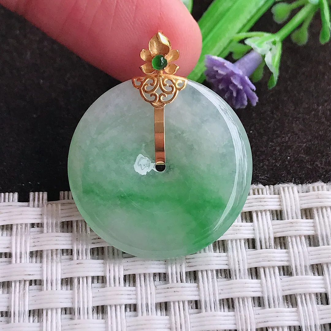 天然a货翡翠24.5/3.8老坑18k金镶嵌冰润飘阳绿平安扣吊坠天然翡翠玉坠挂件