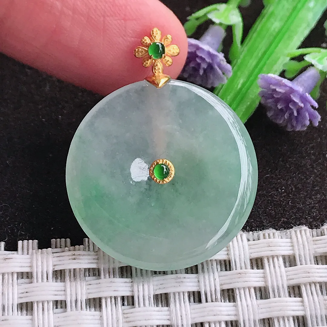 天然a货翡翠24/3.7老坑18k金镶嵌冰透起胶冰晴绿平安扣吊坠天然翡翠玉坠挂件