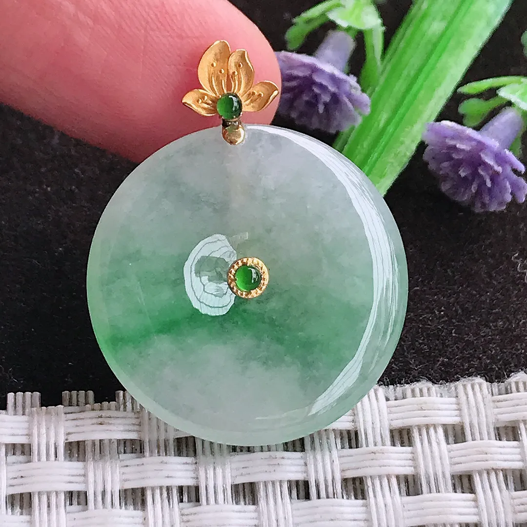 天然a货翡翠24.4/3.8老坑18k金镶嵌冰润飘绿平安扣吊坠天然翡翠玉坠挂件