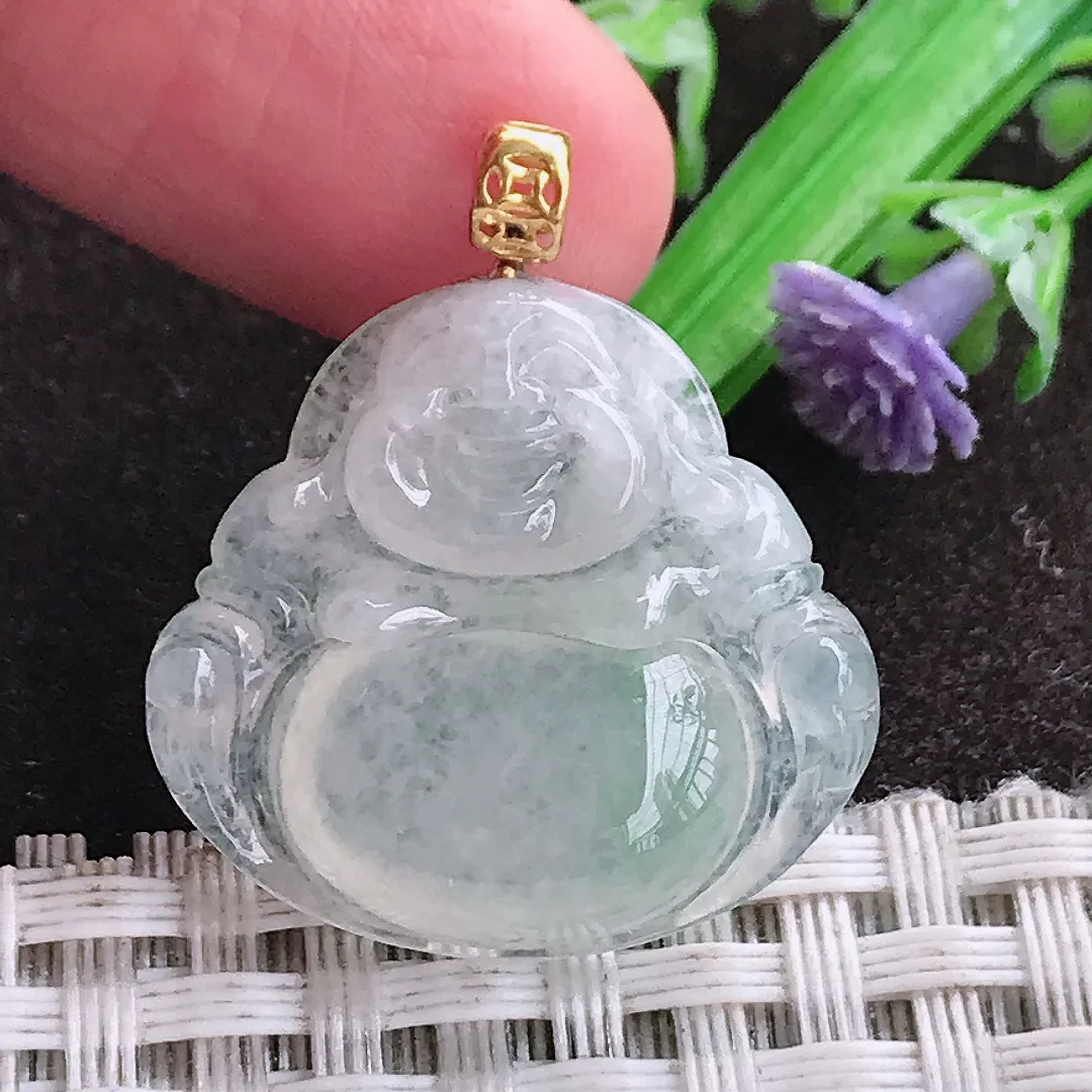 天然a货翡翠23.5/25.2/5.6老坑18k金镶嵌冰种佛公吊坠天然翡翠玉佛挂件