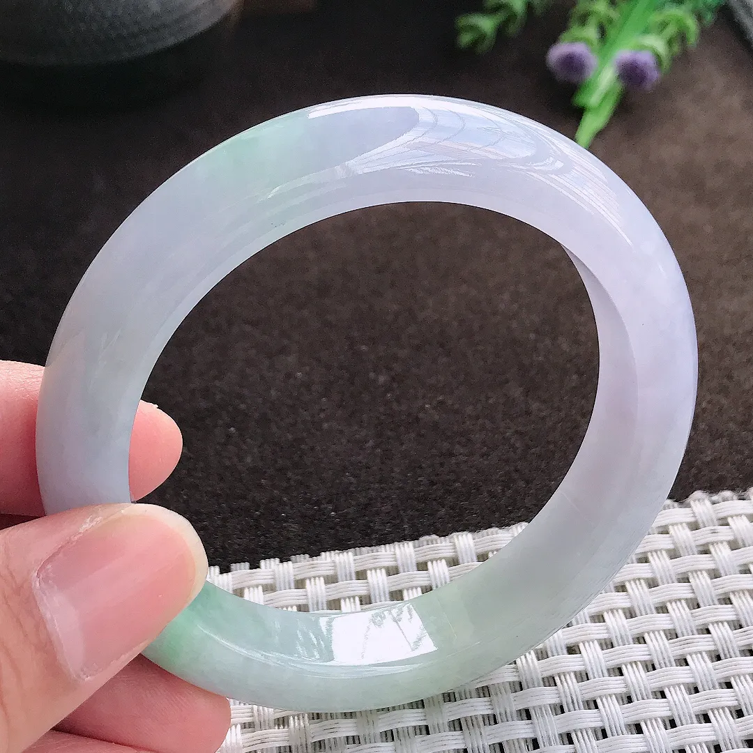 天然a货翡翠56.5/12.3/9老坑秀气冰润紫罗兰手镯宽边翡翠玉手镯