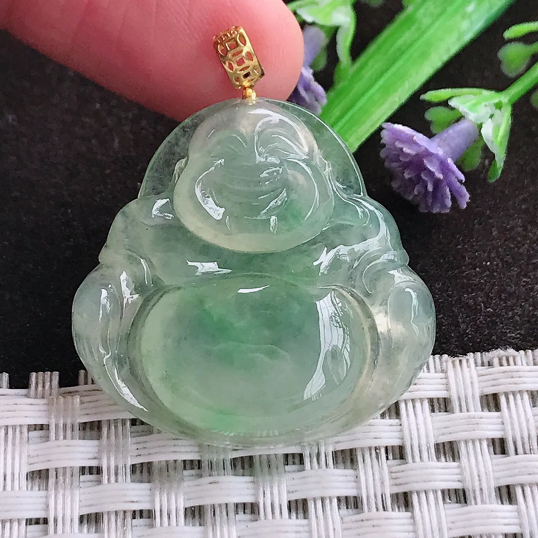 天然a货翡翠28.6/29.5/6老坑18k金镶嵌冰种甜绿佛公吊坠天然翡翠玉坠挂件