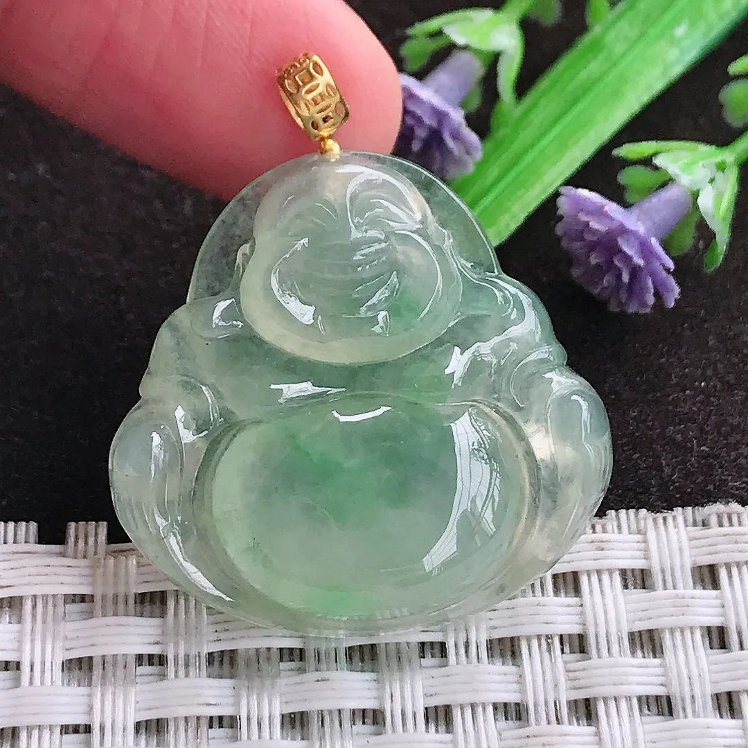 天然a货翡翠28.6/29.5/6老坑18k金镶嵌冰种甜绿佛公吊坠天然翡翠玉坠挂件