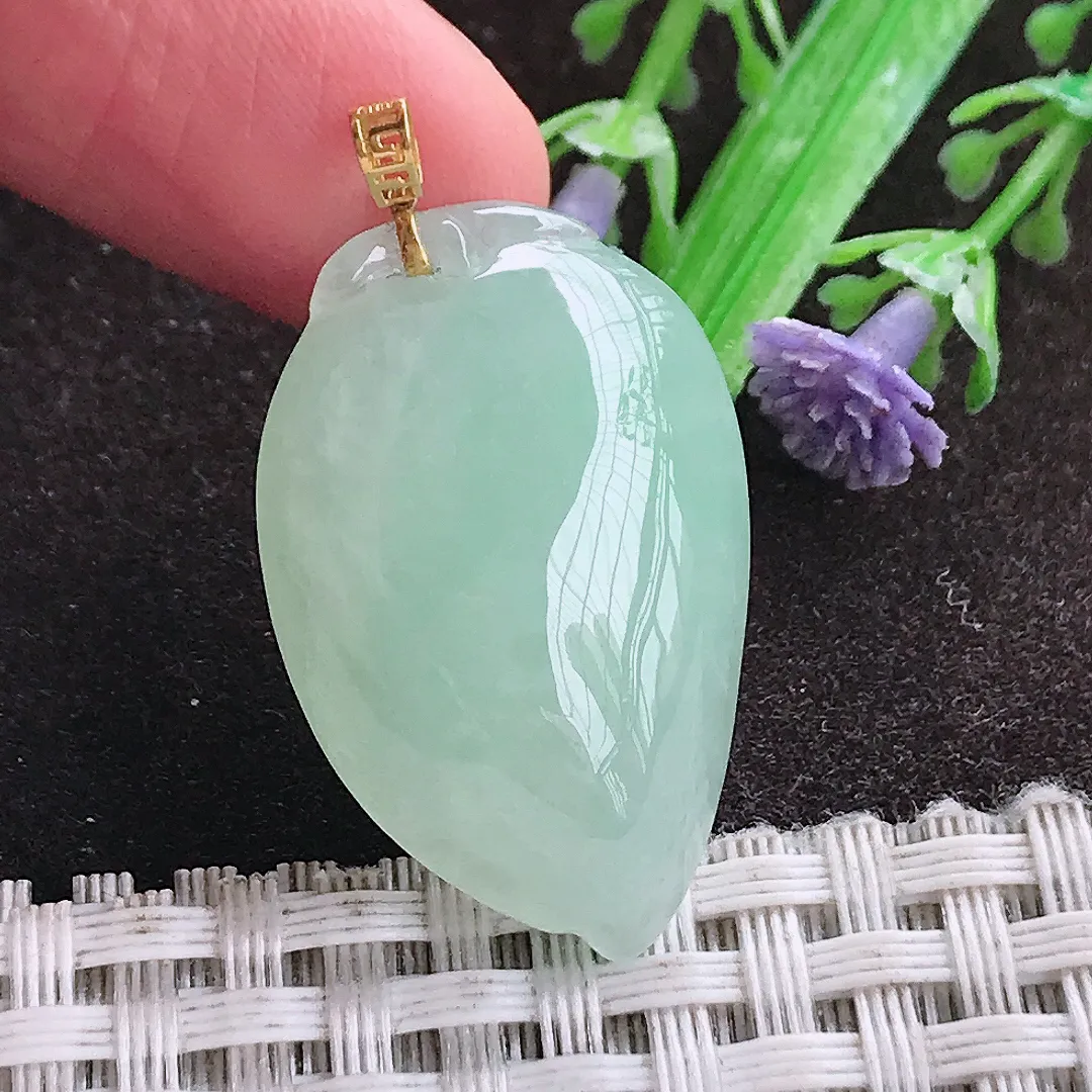 天然a货翡翠31/19.8/9.8老坑18k金镶嵌冰胶水灵冰晴绿桃子吊坠天然翡翠寿桃挂件