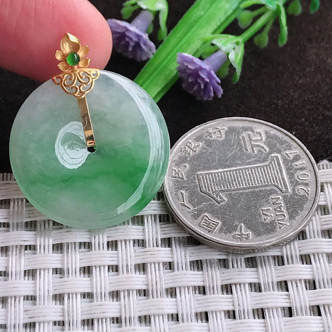 天然a货翡翠24.5/3.8老坑18k金镶嵌冰润飘阳绿平安扣吊坠天然翡翠玉坠挂件