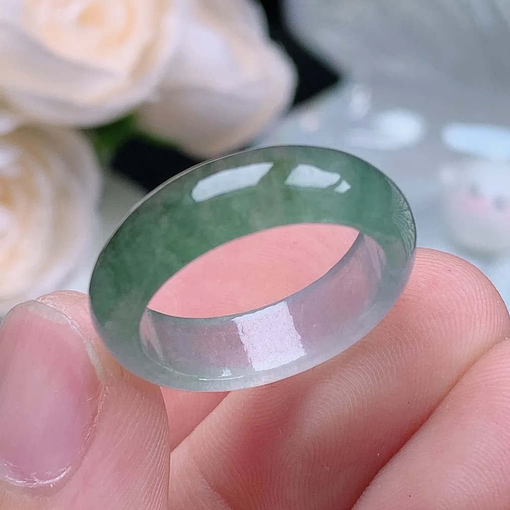 缅甸老坑冰种翡翠水润起胶晴底半山水戒指玉指环  水润通透 尺寸：17.8-6.1-3.2mm 16号