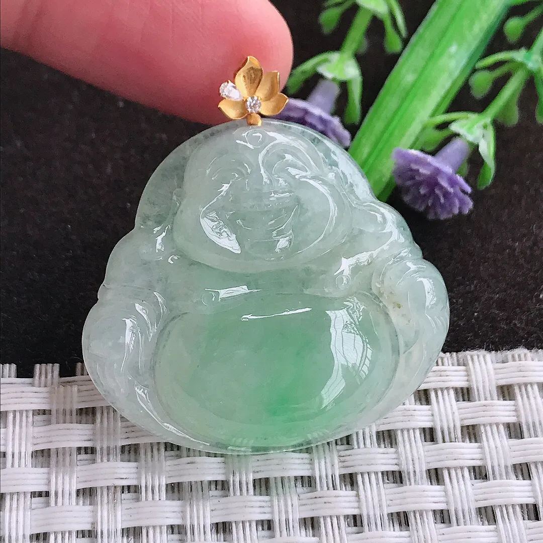 天然a货翡翠32.3/35.5/6.9老坑18k金镶嵌冰润冰晴绿佛公吊坠天然翡翠玉坠挂件